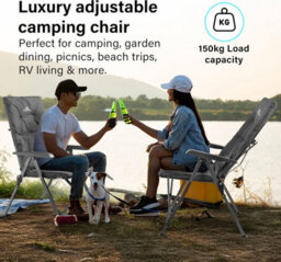 Vivo Luxury Adjustable Camping Chairs Heavy Duty Outdoor High Back Padded Folding - 2 Grey Chairs - thumbnail 3