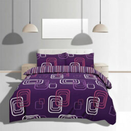 Duvet Cover And Pillowcase Set Geometric Square Design Polycotton Bed Linen Purple