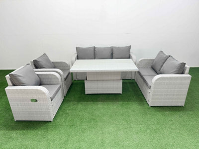 Fimous Pe Rattan Garden Furniture Set Reclining Chair Sofa Set Adjustable Lifting Dining Or Coffee Table Light Grey - image 1