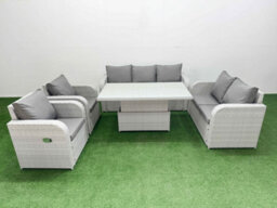 Fimous Pe Rattan Garden Furniture Set Reclining Chair Sofa Set Adjustable Lifting Dining Or Coffee Table Light Grey - thumbnail 1