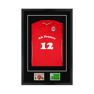 "AK Frames 90X60Cm Matte Black Football Shirt Frame With Black Mount - 58X40Cm Shirt Window Plus Two 5X3.5"" Photo Apertures" - image 1