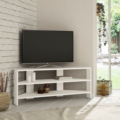 "Decortie Thales Corner Tv Stand For 32"" Tvs With Open Shelves & Soft Rounded Edge 110Cm Modern Multimedia Console, White" - image 1