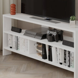 "Decortie Thales Corner Tv Stand For 32"" Tvs With Open Shelves & Soft Rounded Edge 110Cm Modern Multimedia Console, White" - thumbnail 5