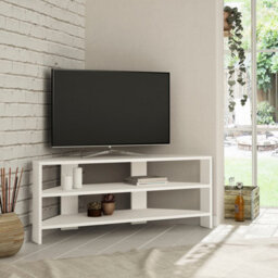 "Decortie Thales Corner Tv Stand For 32"" Tvs With Open Shelves & Soft Rounded Edge 110Cm Modern Multimedia Console, White"