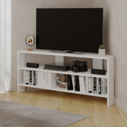 "Decortie Thales Corner Tv Stand For 32"" Tvs With Open Shelves & Soft Rounded Edge 110Cm Modern Multimedia Console, White" - thumbnail 8
