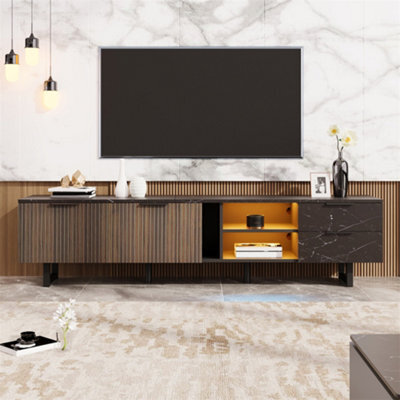 Abrihome Modern Tv Stand In Marble & Dark Wood, 2 Doors, 2 Drawers & Integrated Led - image 1