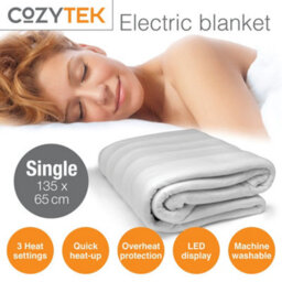 Cozytek Single Electric Blanket 135 X 65Cm Polyester White Underblanket 3 Heat Settings Heated Sheet & Ties - thumbnail 2