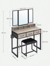 Songmics Vasagle Vasagle, Dressing Table With 3 Piece Folding Mirror, Hairdryer Holder, Cosmetic Table With Padded Stool, 3 Drawers - thumbnail 8