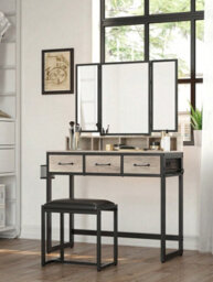 Songmics Vasagle Vasagle, Dressing Table With 3 Piece Folding Mirror, Hairdryer Holder, Cosmetic Table With Padded Stool, 3 Drawers - thumbnail 2