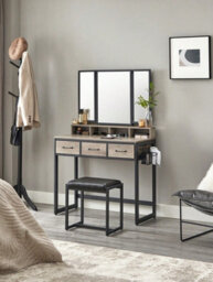 Songmics Vasagle Vasagle, Dressing Table With 3 Piece Folding Mirror, Hairdryer Holder, Cosmetic Table With Padded Stool, 3 Drawers