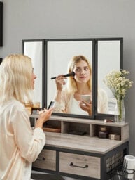 Songmics Vasagle Vasagle, Dressing Table With 3 Piece Folding Mirror, Hairdryer Holder, Cosmetic Table With Padded Stool, 3 Drawers - thumbnail 5