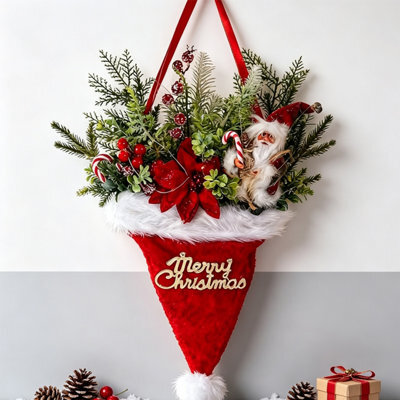 CLEFFNS Santa Hat Christmas Wreath, Indoor Outdoor Holiday Decor For Front Door, Porch, And Wall Hanging - image 1
