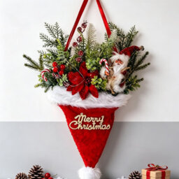 CLEFFNS Santa Hat Christmas Wreath, Indoor Outdoor Holiday Decor For Front Door, Porch, And Wall Hanging - thumbnail 1
