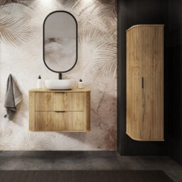 Heze Furniture Elegance Glamour Style 2 Bathroom Cabinets Set 60Cm Vanity Unit & Tall Cabinet In Gold Craft Oak