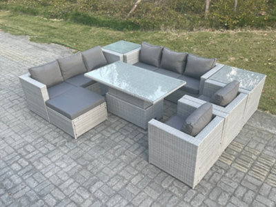 Fimous Rattan Garden Funiture Set Adjustable Rising Lifting Table Sofa Dining Set Lounge Chair 2 Side Table Footstool - image 1