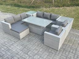 Fimous Rattan Garden Funiture Set Adjustable Rising Lifting Table Sofa Dining Set Lounge Chair 2 Side Table Footstool - thumbnail 2