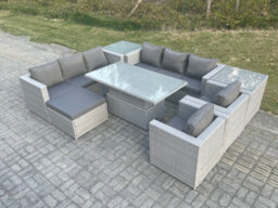 Fimous Rattan Garden Funiture Set Adjustable Rising Lifting Table Sofa Dining Set Lounge Chair 2 Side Table Footstool - thumbnail 1