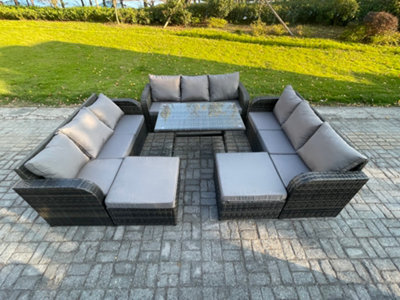 Fimous Rattan Garden Furniture Dining Set 11 Seater Patio Rectangular Table 2 Big Footstool Dark Grey Mixed - image 1