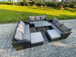 Fimous Rattan Garden Furniture Dining Set 11 Seater Patio Rectangular Table 2 Big Footstool Dark Grey Mixed - thumbnail 2