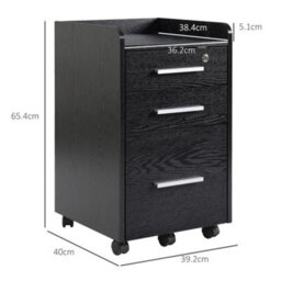 Homcom 3 Drawer Mobile Filing Cabinet Lockable Filing Cabinet, Black - thumbnail 3
