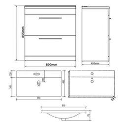 Clifton Bathroom 2-Drawer Floor Standing Vanity Unit With Mid Depth Ceramic Basin 800mm Wide - White  - Brassware Not Included - thumbnail 3