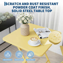 Garden Foldable Bistro Set, 3 Pieces Small Garden Furniture Set W/ Square Table, Yellow - thumbnail 3