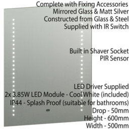 Ip44 Led Bathroom Mirror 60Cm X 50Cm Vanity Light Motion Switch & Shaver Socket - thumbnail 2