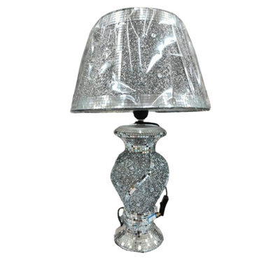 Deenz Silver Glitter Crushed Diamond Table With Lamp Shade Ornament Home Gift Diamante With Wavy Design