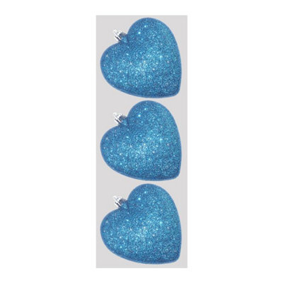 Davies Products Glitter Hearts Bauble (Pack Of 3) Kingfisher Blue (9Cm) - image 1