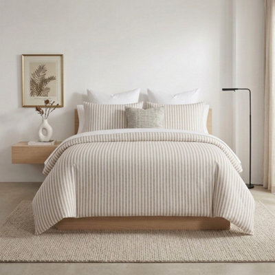 Stripe Duvet Cover Set Soft Microfibre Bedding With Matching Pillowcase(S), Breathable Easy Care Hotel Style Bed Linen (Natural) - image 1