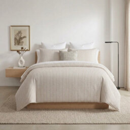 Stripe Duvet Cover Set Soft Microfibre Bedding With Matching Pillowcase(S), Breathable Easy Care Hotel Style Bed Linen (Natural)