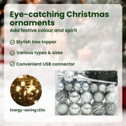 Vidaxl Christmas Bauble Set With 150 Leds 61 Pcs Silver Plastic - thumbnail 8