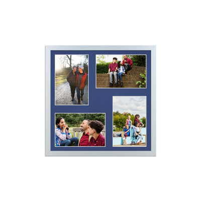AK Frames 12X12 Silver Sleek Multi Photo Frame With Blue Mount - Holds 4 Apertures (4X) 6X4 Photos - image 1