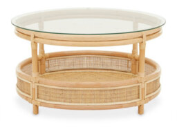 Orsina Elegant Rattan Coffee Table With Glass Top, Round Cane Furniture, Sturdy Outdoor Table, Stable Coffee Table