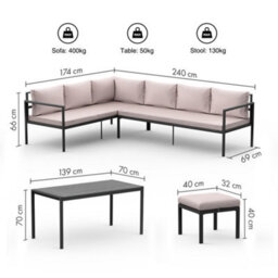Vonhaus Garden Furniture Set, 7 Seater Outdoor Dining Set With Corner Sofa, Table & Stool, Removable Cushions & Steel Frame, Aruba - thumbnail 8