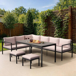 Vonhaus Garden Furniture Set, 7 Seater Outdoor Dining Set With Corner Sofa, Table & Stool, Removable Cushions & Steel Frame, Aruba - thumbnail 2
