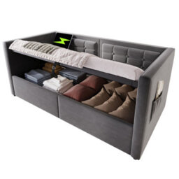 Btm Single Daybed With Storage, 90X190Cm Velvet Sofa Bed, Hydraulic Lift, Usb & Type-C Charging, Grey - thumbnail 6