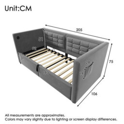 Btm Single Daybed With Storage, 90X190Cm Velvet Sofa Bed, Hydraulic Lift, Usb & Type-C Charging, Grey - thumbnail 2