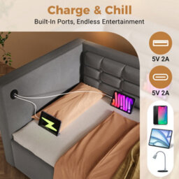 Btm Single Daybed With Storage, 90X190Cm Velvet Sofa Bed, Hydraulic Lift, Usb & Type-C Charging, Grey - thumbnail 3