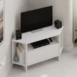 Decortie Modern Viva Corner Tv Unit Shelf Up To 36 Inch Tvs Push To Open Storage Cabinet, 3 Open Shelf 95.7(W)Cm White