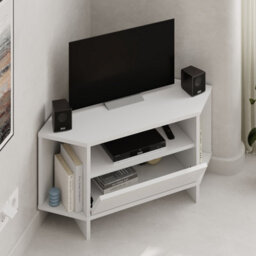 Decortie Modern Viva Corner Tv Unit Shelf Up To 36 Inch Tvs Push To Open Storage Cabinet, 3 Open Shelf 95.7(W)Cm White - thumbnail 4