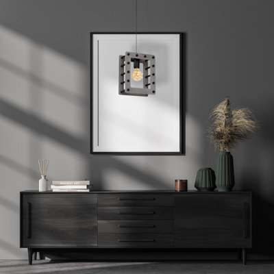 Milagro Theo Black And Grey Pendant Lamp 1Xe27 Hand Made Unique Industrial Style Formed From Matt Black Metal And Cool Grey Wood - image 1