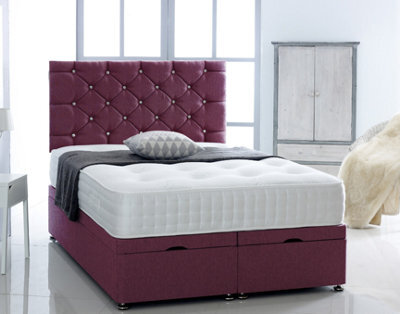 Comfy Deluxe 4Ft6 Double Maroon Chenille Foot Lift Ottoman Bed With Headboard & Mattress - image 1