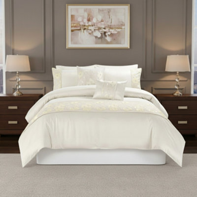 Embroidered Floral Duvet Cover Set Luxury Bedding Matching Pillowcases Cream - image 1