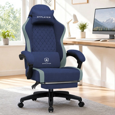 Luckracer Fabric Gaming Chair With Footrest, Ergonomic Computer Desk Chair With Pocket Spring Cushion Home Office Chair, Dark Blue - image 1