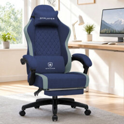 Luckracer Fabric Gaming Chair With Footrest, Ergonomic Computer Desk Chair With Pocket Spring Cushion Home Office Chair, Dark Blue - thumbnail 1