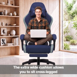 Luckracer Fabric Gaming Chair With Footrest, Ergonomic Computer Desk Chair With Pocket Spring Cushion Home Office Chair, Dark Blue - thumbnail 3