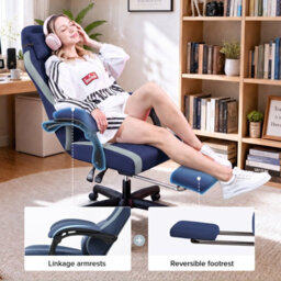 Luckracer Fabric Gaming Chair With Footrest, Ergonomic Computer Desk Chair With Pocket Spring Cushion Home Office Chair, Dark Blue - thumbnail 2