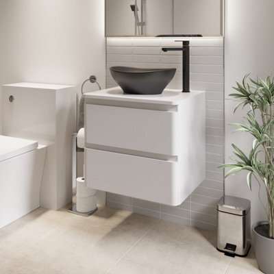 Affine 600mm Bathroom Countertop Vanity Unit Oval Basin Sink Wall Hung Gloss White - image 1