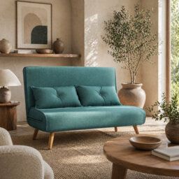 Wyld Haus Baroma Tadi Linen-Look Green 2-Seater Sofa Bed - Click-Clack, 5-Position Backrest, Small Double Bed